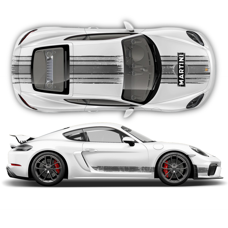 Scratched Martini Racing Stripes, Cayman / Boxster Martini Grayscale