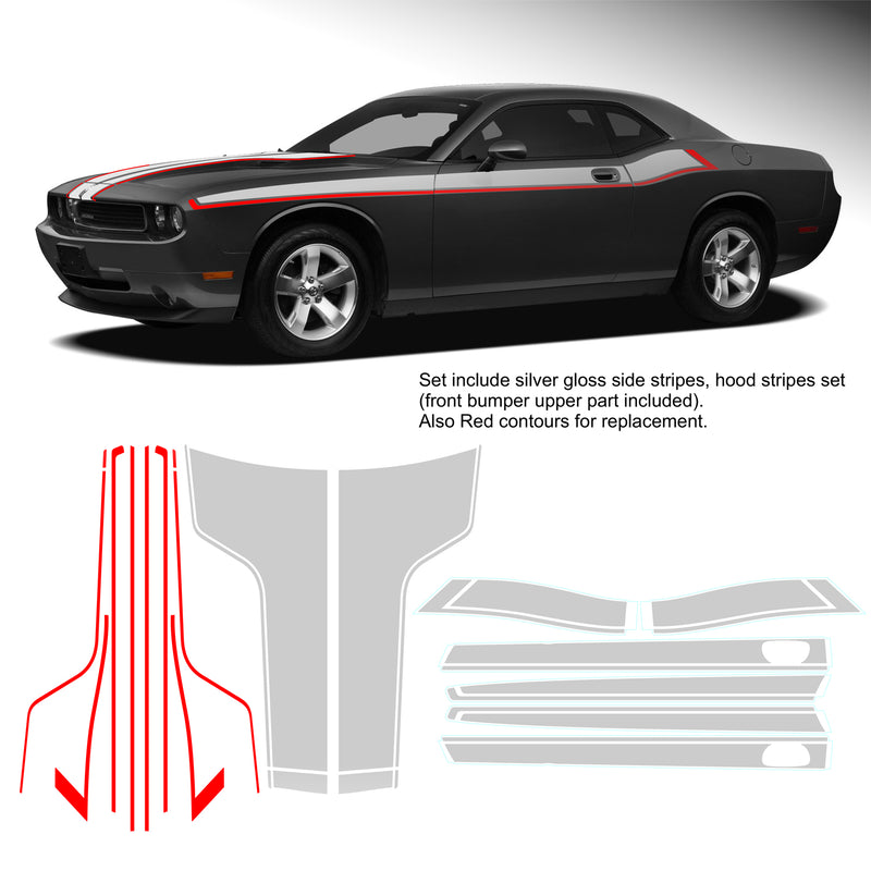 Hood T-Stripe Decal & short side stripes set, Dodge Challenger 2011 - 2018 Decals - autodesign.shop