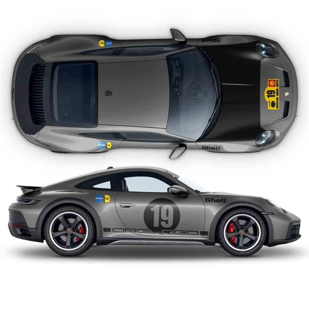 Vintage 1970s-style rally graphics with door number panel on a Porsche 911 Dakar (992)
