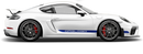 Top and side views of a white sports car with blue stripes on a white background