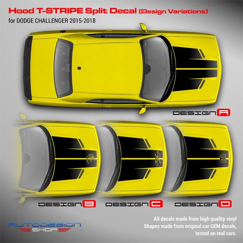 Dodge Challenger 2009 - 2018 Hood T-Stripe Split Decal - autodesign.shop
