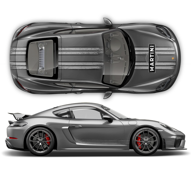 Scratched Martini Racing Stripes, Cayman / Boxster Martini Grayscale