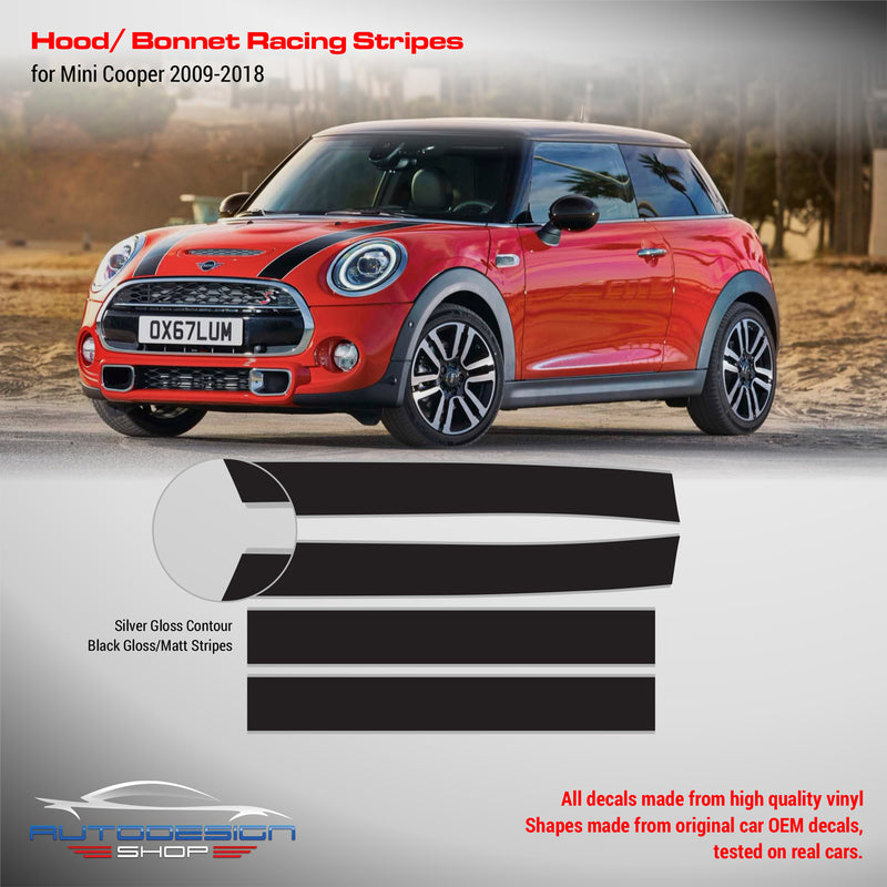Mini Cooper 2007-2013 Hood Bonnet and Trunk Stripes with Silver Contour Decals - autodesign.shop